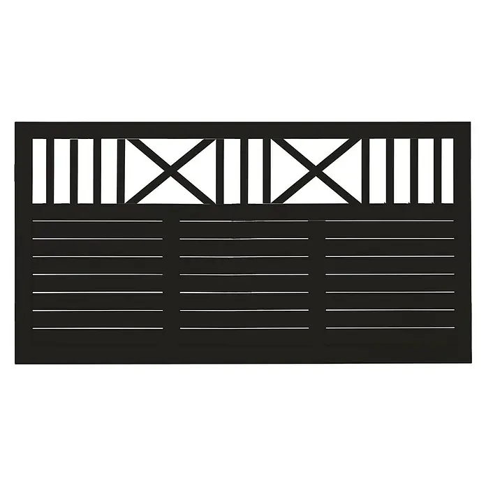 Plus Sichtschutzelement Nostalgi - 180 x 95 cm, Schwarz RAL 9005 - Schwarzes Holztor mit dekorativen X-förmigen Verstrebungen und horizontalen Brettern. Robust und stilvoll für jeden Eingang.