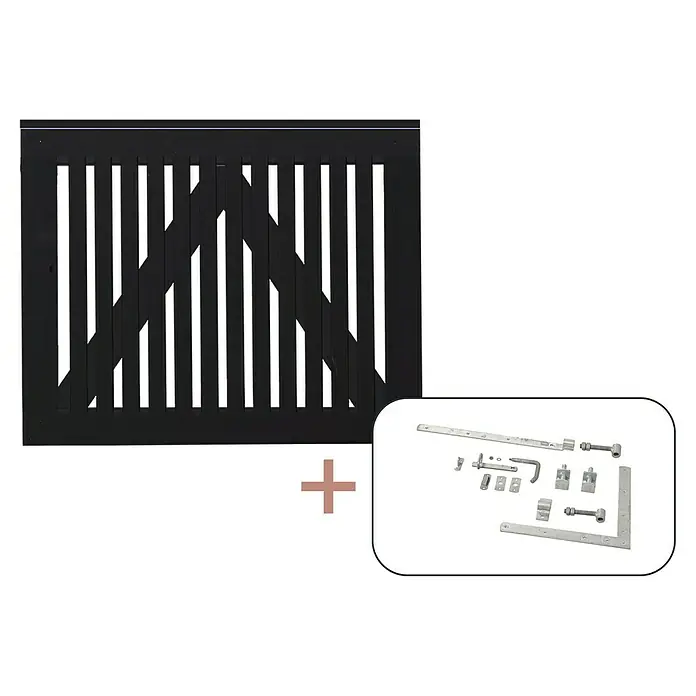 Plus Zauntor Sendai - 100 x 80 cm, Schwarz RAL 9005, Holz, Mit Beschlägen - Ein schwarzer Heizkörperlüfter und ein Set aus Torbeschlägen, die separat erhältlich sind, werden gezeigt.