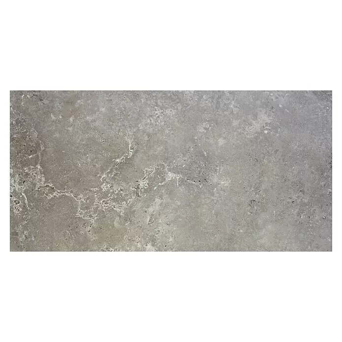 Feinsteinzeugfliese Tivoli Stone - 60 x 119,5 cm, Smoke, Glänzend - Graubeige Travertin-Steinplatte mit natürlicher weißer Maserung und poröser Textur.