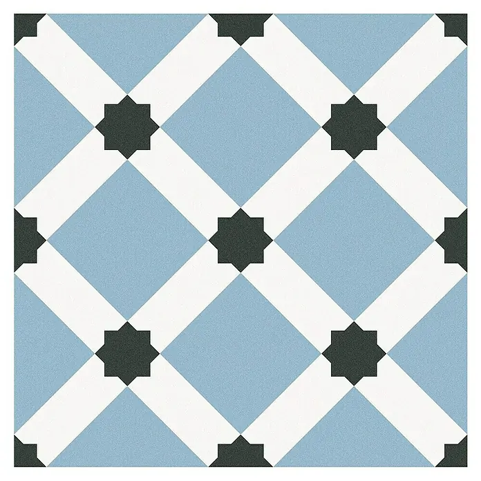Feinsteinzeugfliese Barcelona Night - 24,8 x 24,8 cm, Weiß/Schwarz/Blau, Matt - Keramikfliese mit blauem Rautenmuster, weißen Bändern und schwarzen Sternen. Ideal für Küche oder Bad, verleiht eine stilvolle Note.
