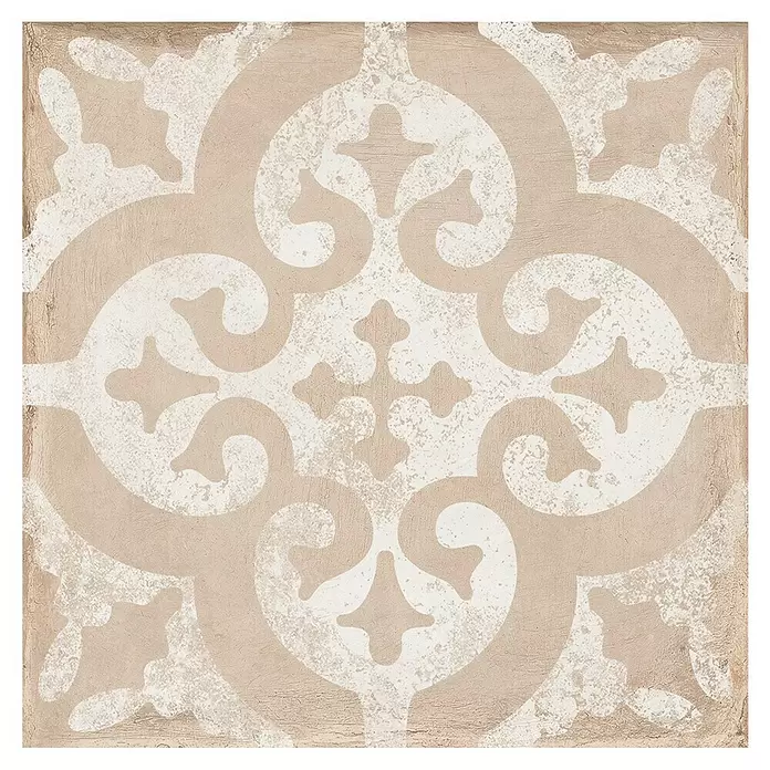 Feinsteinzeugfliese Triana Flor - 24,8 x 24,8 cm, Beige, Matt - Beige-weiß gemusterte Zementfliese mit verziertem, antikem Blumenmuster.