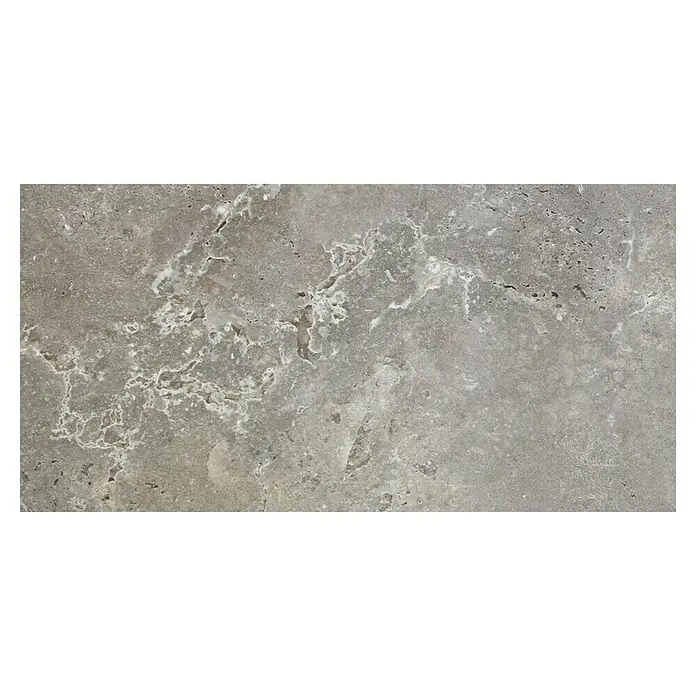 Feinsteinzeugfliese Tivoli Stone - 29,7 x 59,7 cm, Stärke: 7 mm, Smoke, Matt - Nahaufnahme einer grauen Marmorfliese mit natürlichen Mustern und Texturen, ideal für Bodenbeläge oder Wandverkleidungen.