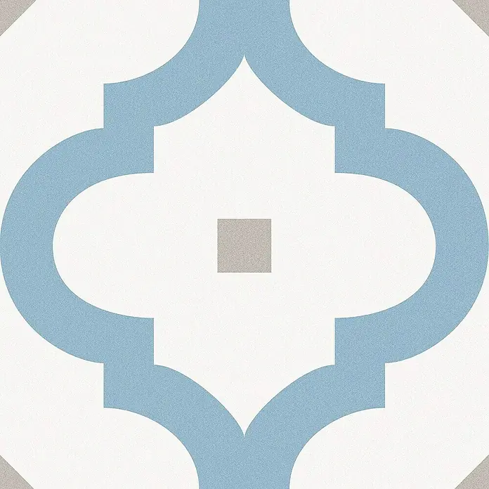 Feinsteinzeugfliese Barcelona Greco - 24,8 x 24,8 cm, Weiß/Blau, Matt - Detailaufnahme einer Keramikfliese mit blauem Muster und grauem Mittelpunkt, ideal für stilvolle Wand- und Bodengestaltung.