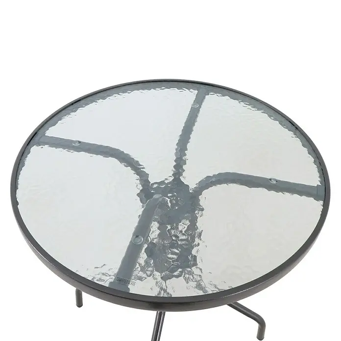 Sunfun Mesa de balcón Maike II - L x An x Al: 60 x 60 x 70 cm, Acero, Marrón - Primer plano de una mesa redonda de jardín con tapa de vidrio y estructura de metal, ideal para uso exterior.