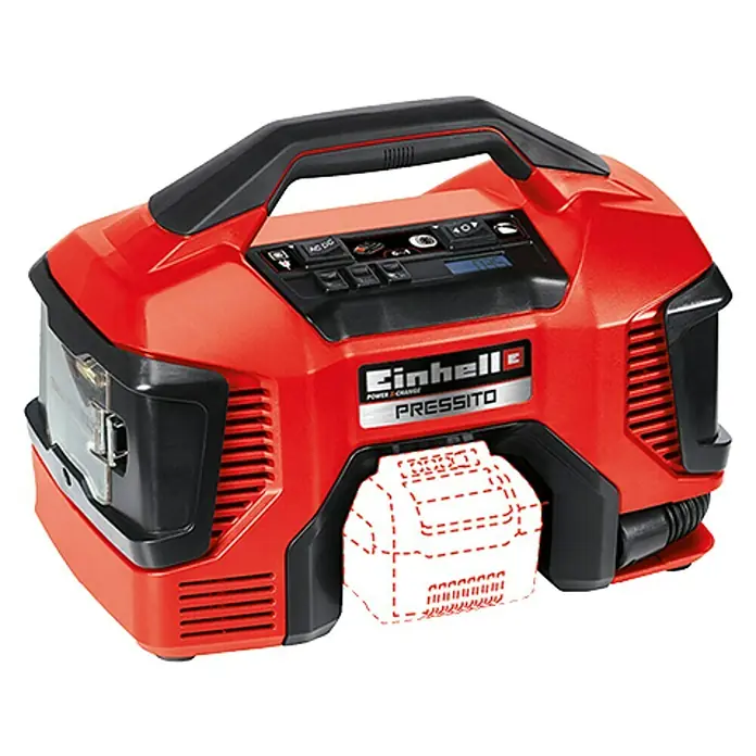 Einhell Power X-Change 18V Hybrid-Kompressor Pressito - Max. Druck: 11 bar, 18 V, Ohne Akku - Ein roter Einhell Pressito 18/25 Akku-Kompressor mit schwarzem Griff und Bedienelementen. Ideal zum Aufpumpen von Reifen und Bällen.