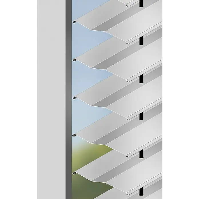 Gardena Reinigungsbürste Cleansystem - Passend für: Jalousien mit C- oder Z-Lamellen - Nahaufnahme von horizontalen weißen Jalousien, die Licht und Privatsphäre regulieren, ideal für moderne Fenstergestaltung.
