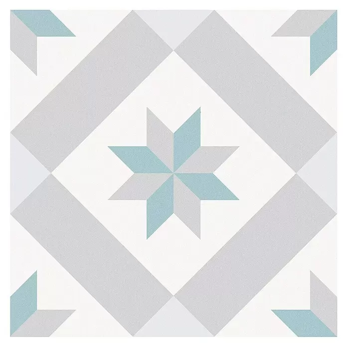 Feinsteinzeugfliese Barcelona Star - 24,8 x 24,8 cm, Grau/Weiß, Matt - Geometrische Fliese mit hellblauem und grauem Sternmuster auf weißem Grund.