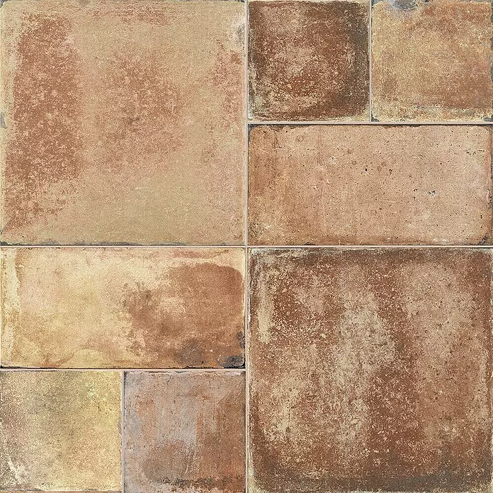 Feinsteinzeugfliese Caeser - 50 x 50 cm, Cotto, Matt - Rustikale Terrakotta-Bodenfliesen in verschiedenen Größen, mit verwitterter Textur und erdigen Farbtönen im Verbund.