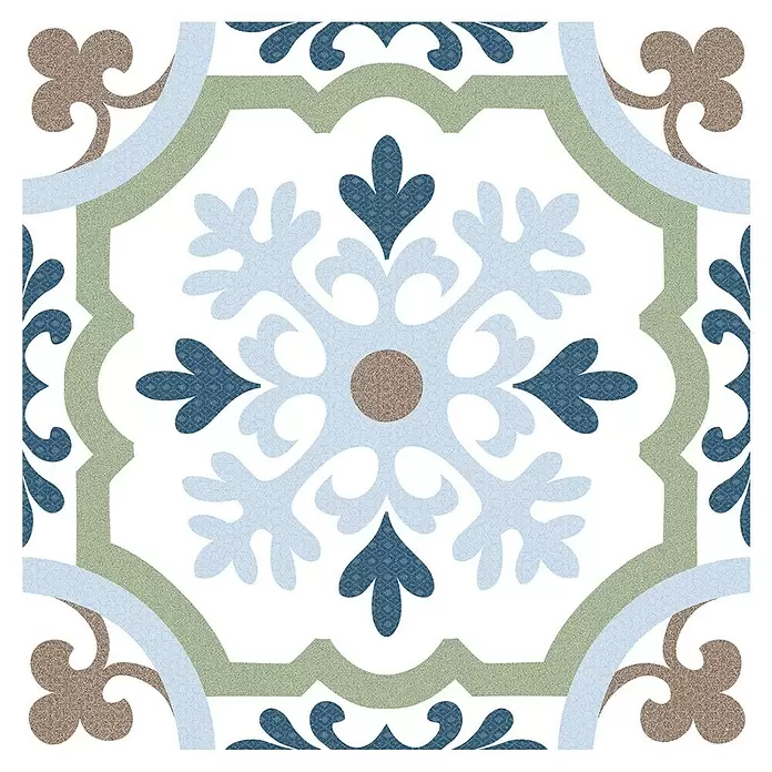 Feinsteinzeugfliese Cordoba Posada - 24,8 x 24,8 cm, Bunt, Matt - Dekorfliese mit blauem, grünem und braunem geometrisch-floralem Muster.