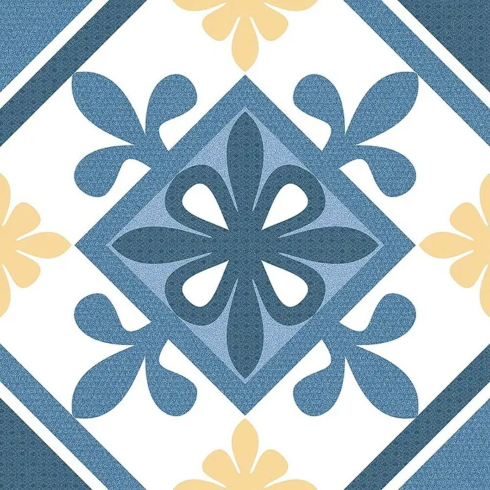 Feinsteinzeugfliese Cordoba Alcazar - 24,8 x 24,8 cm, Bunt, Matt - Nahaufnahme einer einzelnen blauen und gelben Dekorfliese mit floralen Motiven auf einem weißen Hintergrund.