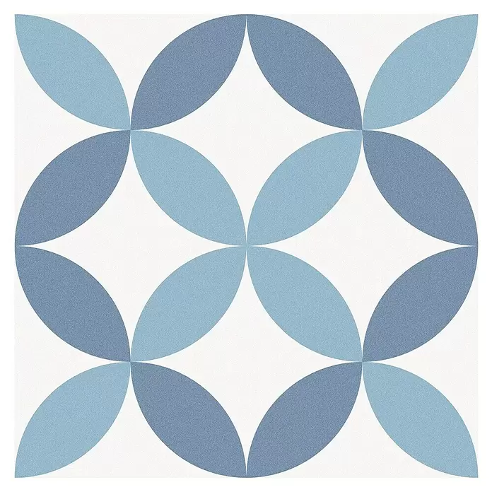 Feinsteinzeugfliese Barcelona Arch - 24,8 x 24,8 cm, Weiß/Blau, Matt - Hell- und dunkelblaues geometrisches Muster mit ineinandergreifenden Blütenblattformen.