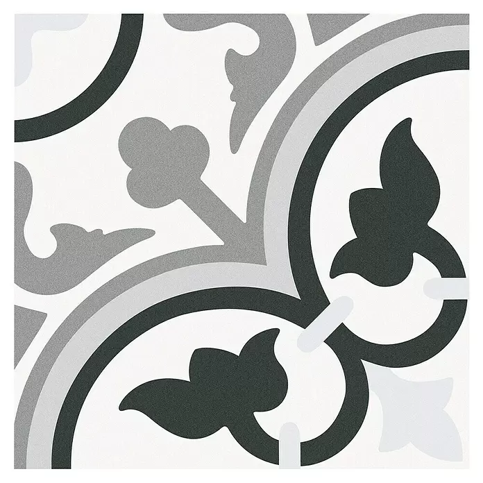 Feinsteinzeugfliese Barcelona Classic - 24,8 x 24,8 cm, Weiß/Schwarz/Grau, Matt - Dekoratives quadratisches Fliese mit einem monochromen grau-weißen geometrisch-floralen Muster.