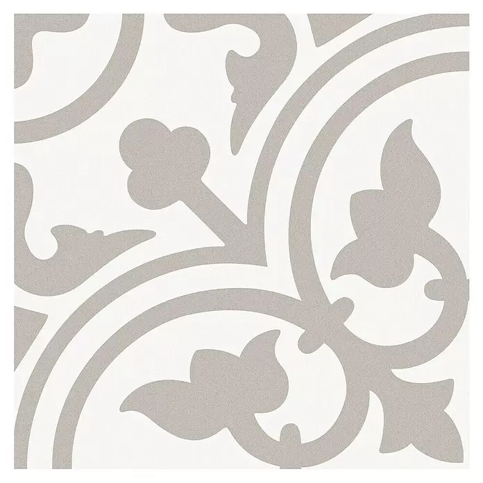 Feinsteinzeugfliese Barcelona Sand - 24,8 x 24,8 cm, Beige/Weiß, Matt - Quadratische Fliese mit hellgrauem, dekorativem Muster.