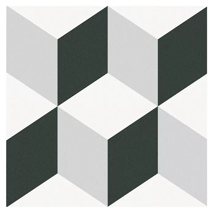 Feinsteinzeugfliese Barcelona Cube - 24,8 x 24,8 cm, Weiß/Schwarz/Grau, Matt - Geometrisches 3D-Würfelmuster in Weiß, Hellgrau und Dunkelgrau für moderne Oberflächen.