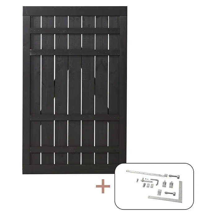 Plus Zauntor Rustik - 100 x 158 cm, Schwarz RAL 9005, Holz, Mit Beschlägen - Schwarzes Gartentor-Set mit Beschlägen für eine einfache und sichere Installation im Außenbereich. Ideal für jeden Garten.