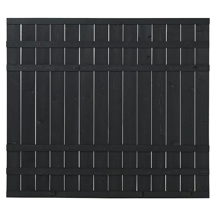 Plus Sichtschutzelement Rustik - 180 x 158 cm, Holz, Schwarz RAL 9005 - Dunkelgrauer Holzzaun mit horizontalen Brettern, der Privatsphäre und Sicherheit bietet. Die Holzmaserung ist sichtbar.