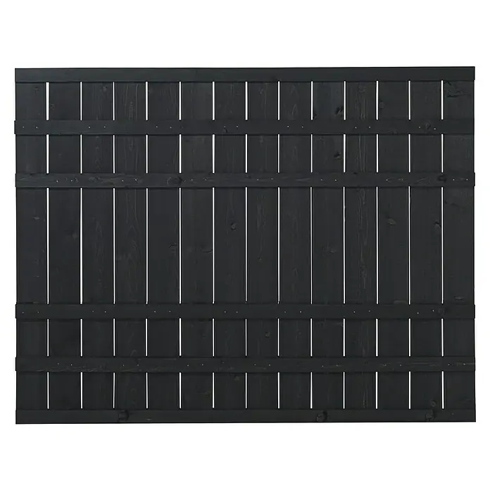 Plus Sichtschutzelement Rustik - 180 x 138 cm, Holz, Schwarz RAL 9005 - Das Bild zeigt einen rustikalen, schwarzen Holzzaun mit horizontalen Brettern, ideal für Privatsphäre und Gartengestaltung. Robuste Bauweise und dunkle Farbe.