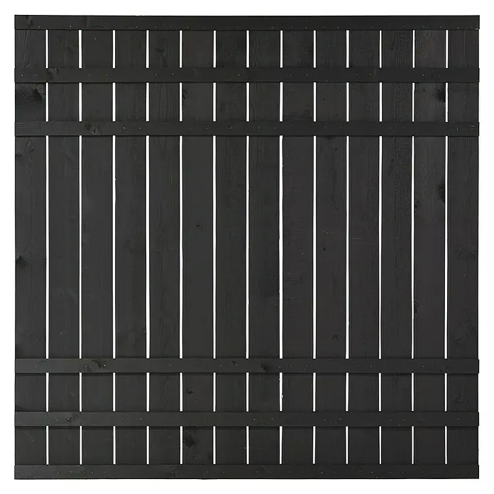 Plus Sichtschutzelement Rustik - 180 x 180 cm, Holz, Schwarz RAL 9005 - Dunkel gebeizter Holzzaun, der durch seine Textur und Anordnung ein rustikales Ambiente erzeugt. Ideal als Sichtschutz oder dekoratives Element.