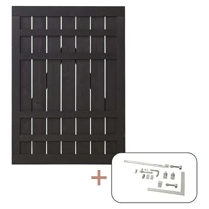 Plus Zauntor Rustik - 100 x 138 cm, Schwarz RAL 9005, Holz, Mit Beschlägen - Schwarzes Holztor mit zugehörigen Metallbeschlägen für die Installation, robust und langlebig.