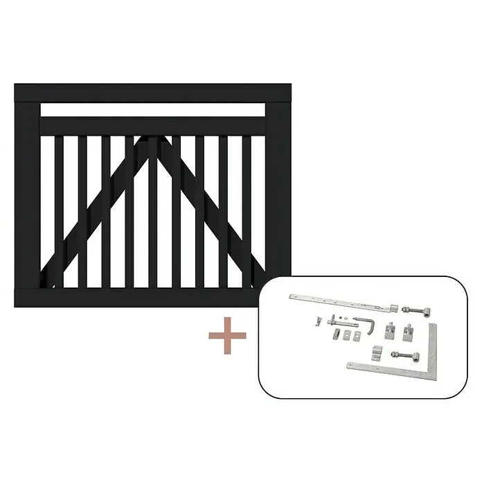 Plus Zauntor Linea - 100 x 80 cm, Schwarz RAL 9005, Mit Beschlägen - Abbildung eines schwarzen Gartentors mit Beschlägen, ideal für den sicheren und stilvollen Abschluss Ihres Gartens.