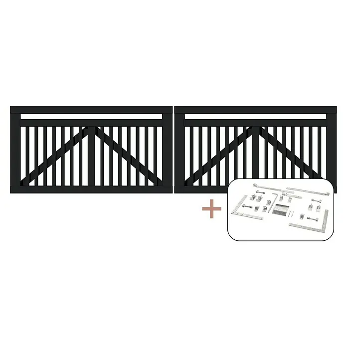 Plus Zauntor Linea - 300 x 80 cm, Schwarz RAL 9005, Mit Beschlägen - Schwarzes Holztor-Set mit Zubehör, perfekt für die stilvolle und sichere Gestaltung Ihres Gartens oder Ihrer Einfahrt. Robuste Bauweise garantiert Langlebigkeit.