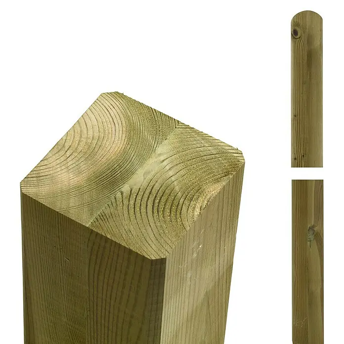 Plus Zaunpfosten gerundet - Höhe: 98 cm, 9 x 9 cm, Natur, Holz - Nahaufnahme von verschiedenen Holzpfosten, die sich ideal für den Einsatz im Außenbereich eignen, mit deutlicher Holzmaserung.