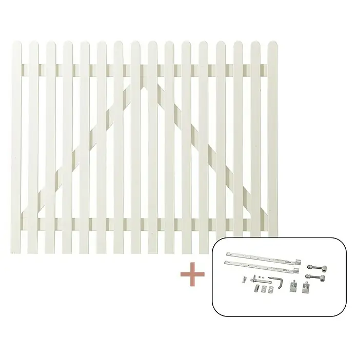 Plus Zauntor Retro - 150 x 120 cm, Weiß RAL 9010, Mit Beschlägen - Weißes Gartentor-Set mit Beschlägen. Das Set beinhaltet ein weißes Holztor und alle notwendigen Beschläge für die Installation.
