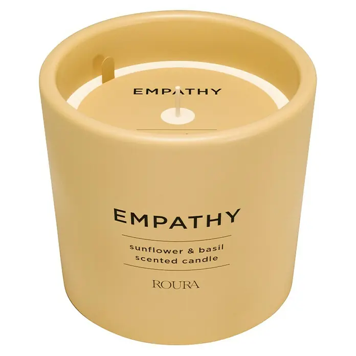 Ceras Roura Vaso con vela Empathy - Ø x Al: 9,5 x 8,5 cm, Girasol y albahaca - Vela perfumada amarilla Empathy con aroma a girasol y albahaca en un recipiente de cerámica. Ideal para crear un ambiente relajante.