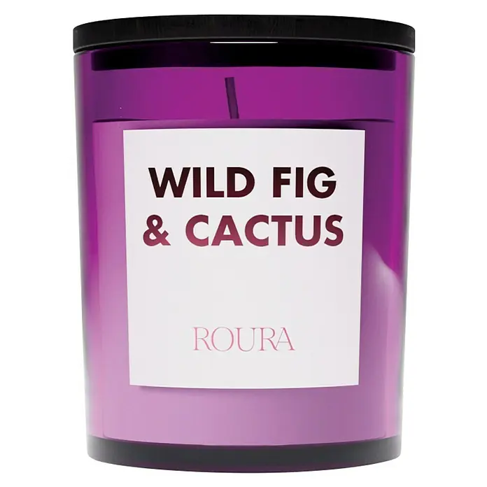 Ceras Roura Vela aromática Cheerful - Ø x Al: 7 x 8,5 cm, Violeta, Tiempo de combustión aprox.: 30 h, Wild Fig & Cactus - Vela de vidrio morado con aroma a higo silvestre y cactus de Roura que crea un ambiente agradable.
