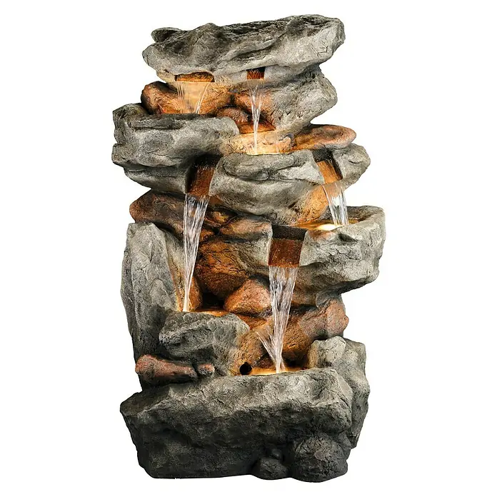 Fuente de jardín LED Barletta - 83 x 60 x 130 cm, Gris/Marrón - Fuente de roca de varios niveles con agua que fluye suavemente e iluminación sutil, creando un ambiente relajante.