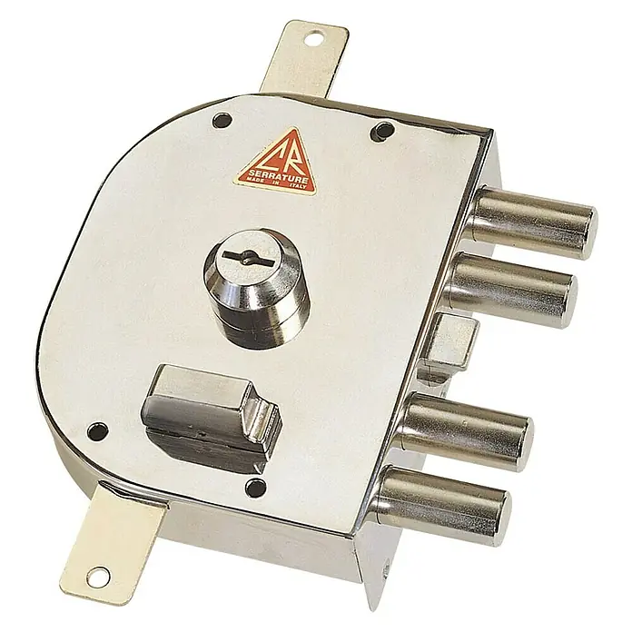 Cerradura con cerrojo 3450 - DIN-Izquierda, Puerta principal - Primer plano de una cerradura de puerta plateada con cuatro cerrojos y un ojo de cerradura, que ofrece mayor seguridad.