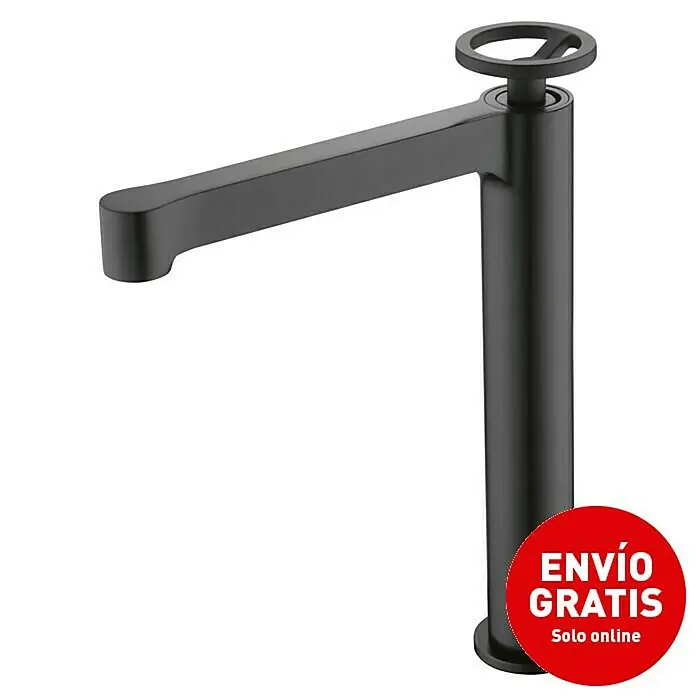Imex Olimpo Grifo de lavabo alto - Negro - Elegante grifo de lavabo negro con caño alto y manija redonda. Un diseño moderno que se adapta a cualquier baño.