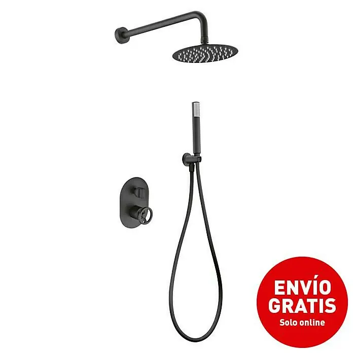 Imex Olimpo Sistema de ducha empotrado - Con grifo monomando, Negro - La imagen muestra un elegante sistema de ducha negro mate con rociador de lluvia, teleducha y válvula termostática. Diseño elegante.