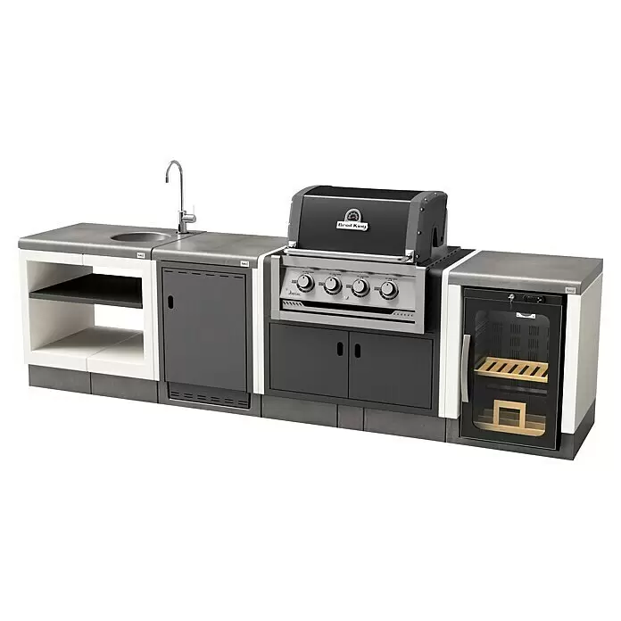 Tuozi Kitaway Outdoorküchen-Modul Seitenschrank - Grau/Weiß, B x T x H: 61 x 63 x 85 cm - Moderne Outdoor-Kücheninsel mit grauer Arbeitsplatte, dunkelgrauen und weißen Modulen, Spüle, Gasgrill und Getränkekühler.