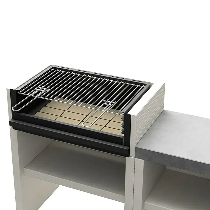Tuozi Venit Holzkohlegrill - Weiß-Grau, B x T x H: 78 x 47 x 106 cm - Nahaufnahme eines modernen Grills mit Grillrost und Ablagefläche, ideal für Outdoor-Kocherlebnisse.