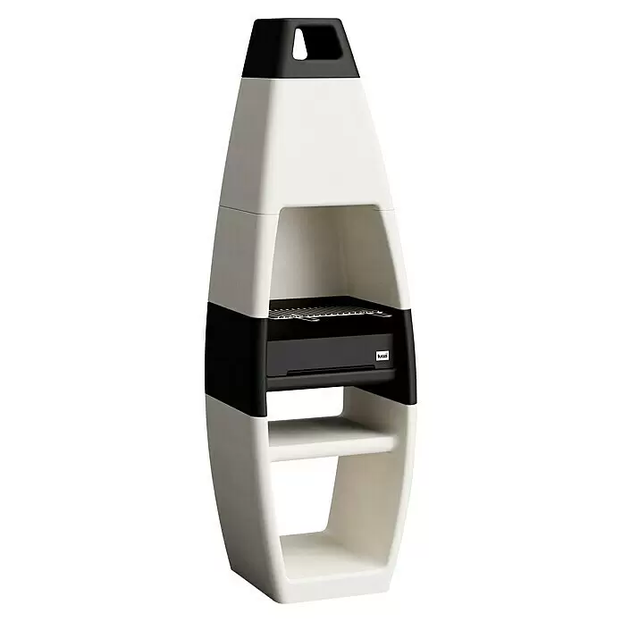 Tuozi Grillkamin Ego - Hauptgrillfläche: 40 x 32 cm, Beton - Hoher, moderner weiß-schwarzer Outdoor-Grill/Barbecue mit Rost und Ablage.