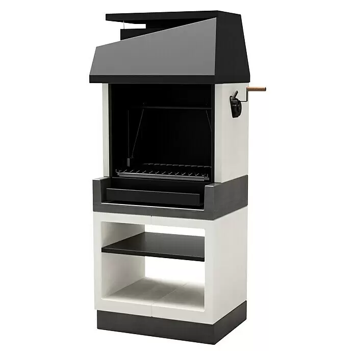 Tuozi Kitaway Holzkohlegrill - Grau/Weiß, B x T x H: 84 x 63 x 206 cm, Feinjustierung der Höhe durch Kurbel - Moderner freistehender Grill mit weißem und grauem Betonsockel, schwarzer Metallhaube und verstellbaren Rosten.