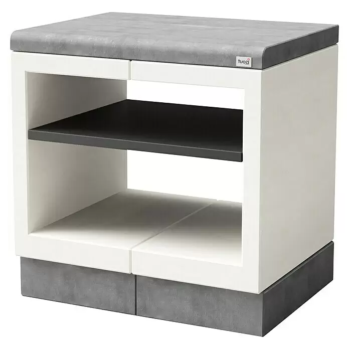 Tuozi Kitaway Outdoorküchen-Modul - Grau/Weiß, B x T x H: 84 x 63 x 85 cm - Moderne Aufbewahrungsbank mit grauem Polster, weißem Rahmen, schwarzem Regal und grauem Sockel.