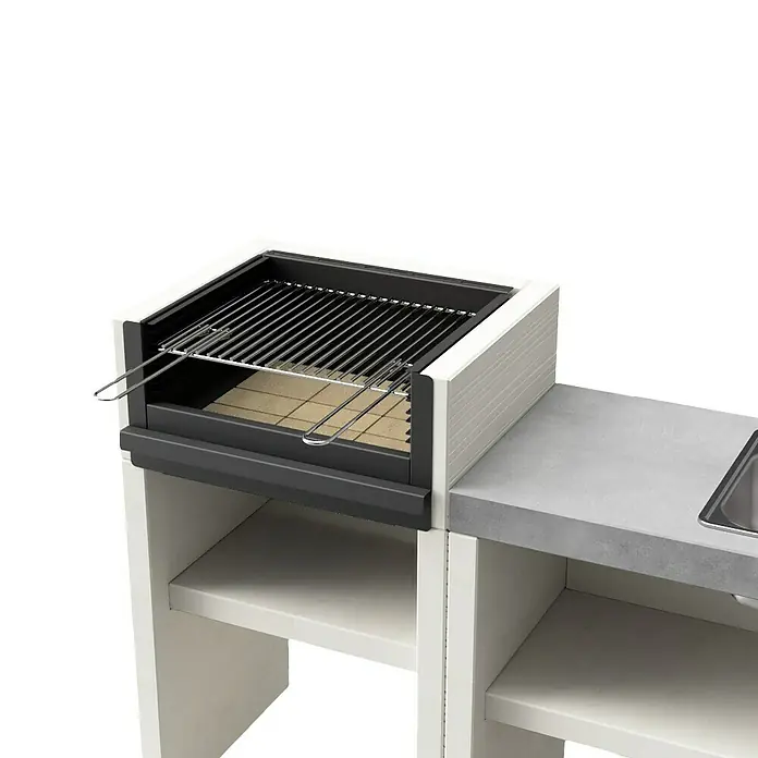 Tuozi Venit Holzkohlegrill - Weiß-Grau, B x T x H: 78 x 47 x 106 cm - Grill mit Grillrost, integriert in eine moderne, modulare Außenküche mit Arbeitsfläche und Stauraum. Perfekt für sommerliche Grillabende.
