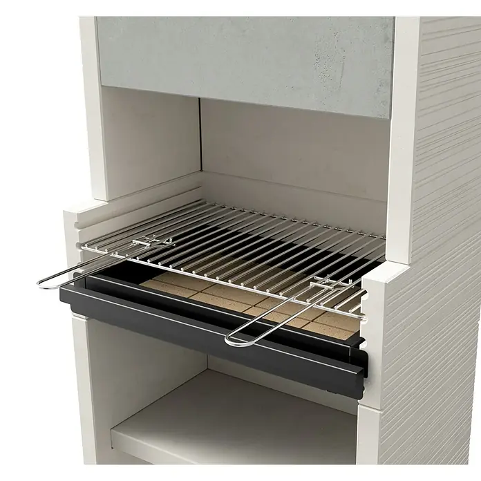 Tuozi Venit Holzkohlegrill - Weiß-Grau, B x T x H: 78 x 47 x 197 cm - Nahaufnahme eines modernen Grills mit Grillrost und darunterliegender Kohlewanne.