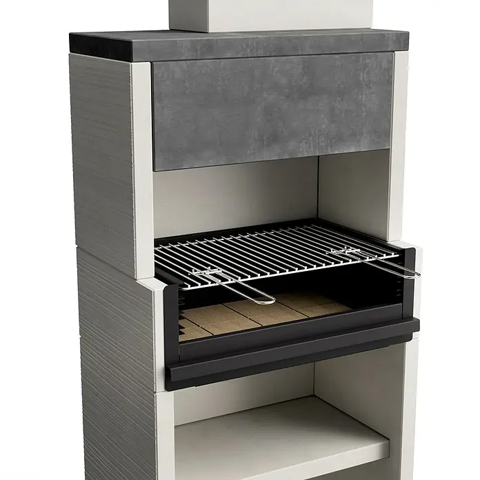 Tuozi Venit Holzkohlegrill - Weiß-Grau, B x T x H: 78 x 47 x 197 cm - Der stilvolle Outdoor-Grill mit Ablageflächen bietet Komfort und Funktionalität für Ihr nächstes Grillfest.