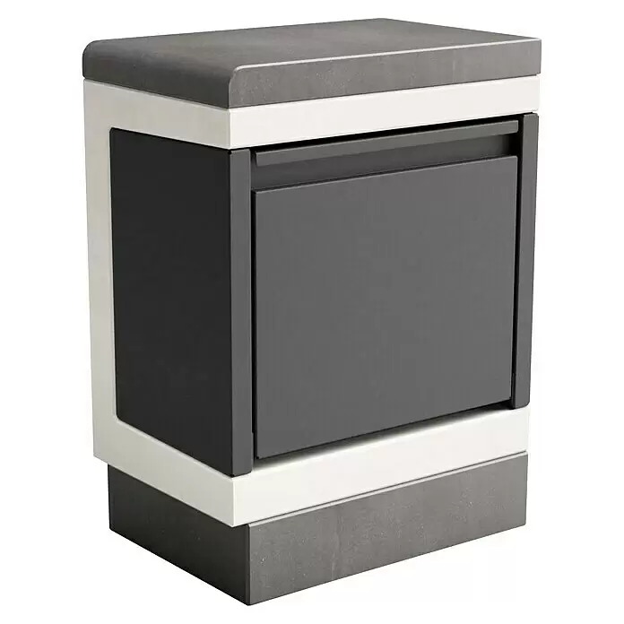 Tuozi Kitaway Outdoorküchen-Modul Abfalleimer - Grau/Weiß/Schwarz, B x T x H: 63 x 42 x 85 cm, Stahl - Moderner grau-weißer Schrank mit dunkelgrauer Schublade/Tür und strukturierter grauer Oberplatte und Sockel.