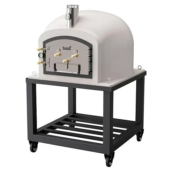 Tuozi Kitaway Outdoorküchen-Modul - Grau/Weiß, B x T x H: 120 x 120 x 170 cm - Hellgrauer Outdoor-Pizzaofen mit Edelstahltür und Schornstein, auf einem dunkelgrauen Metallgestell mit Rollen und Ablage.