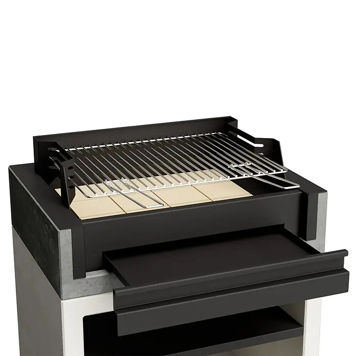 Tuozi Kitaway Holzkohlegrill - Grau/Weiß, B x T x H: 94 x 63 x 115 cm - Detailaufnahme eines modernen Grillofens mit Grillrost, Ablagefläche und Betonbasis für den Außenbereich.