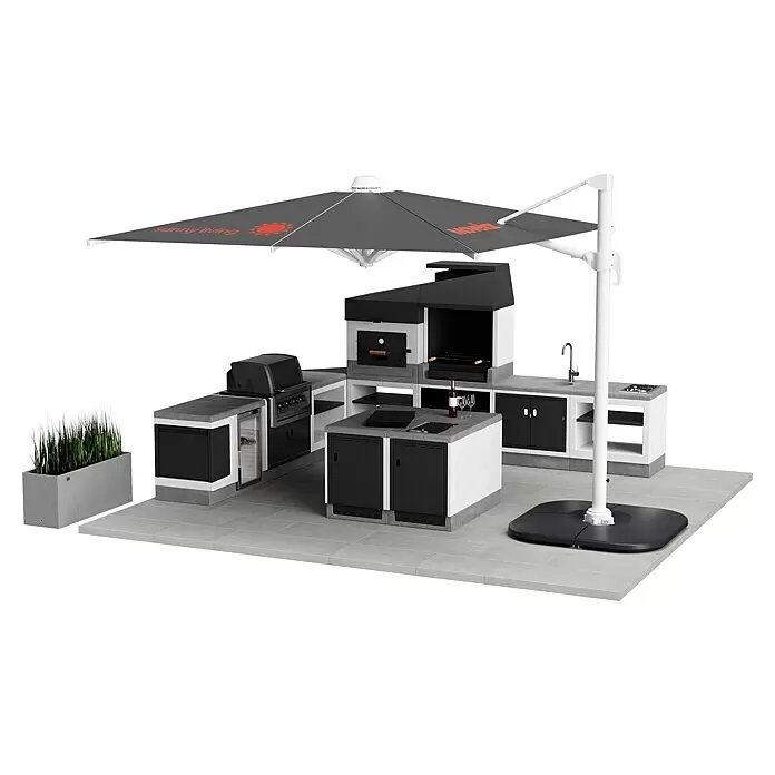 Tuozi Kitaway Outdoorküchen-Modul Backofen - Grau/Weiß, B x T x H: 84 x 63 x 206 cm - Modulare Außenküche mit grauen Arbeitsplatten, schwarzem Grill, Pizzaofen, Spüle, Kochinsel und großem grauem Sonnenschirm.