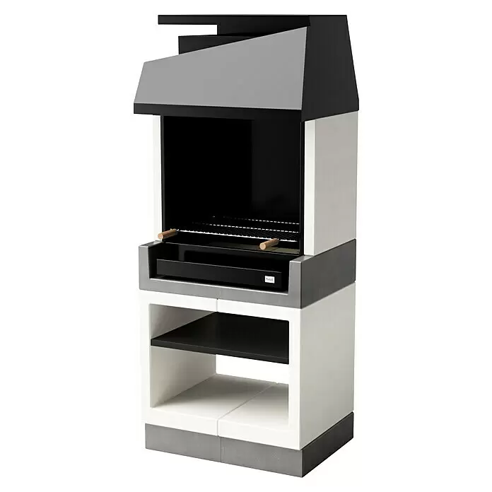 Tuozi Kitaway Holzkohlegrill - Grau/Weiß, B x T x H: 84 x 63 x 206 cm, Mehrstufige Höhenarretierung - Moderner Außengrill mit weißer und grauer Struktur, schwarzer Haube und Ablagen sowie Grillrosten.