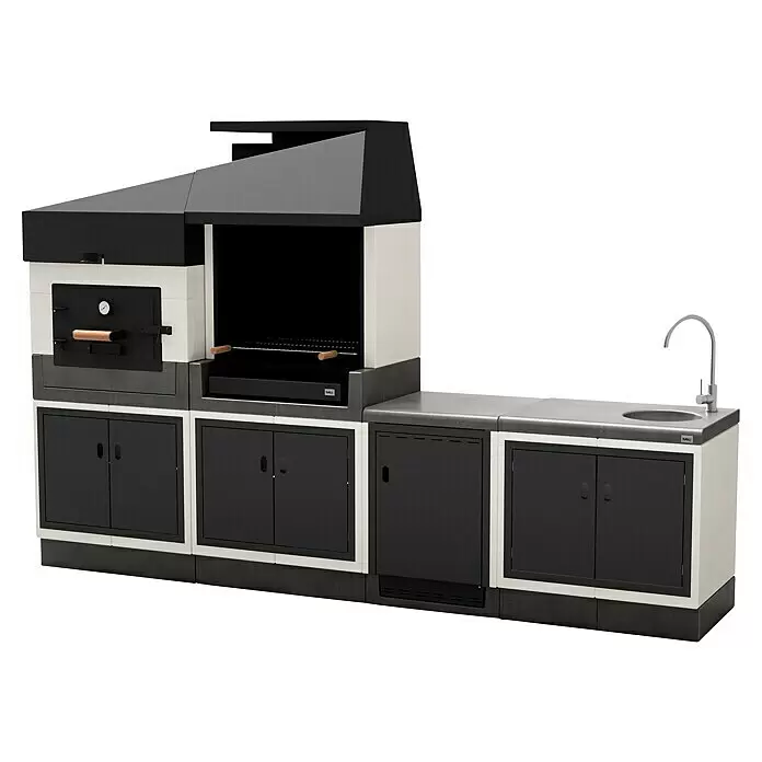 Tuozi Kitaway Outdoorküchen-Modul Seitenschrank - Grau/Weiß, B x T x H: 61 x 63 x 85 cm - Modernes Outdoor-Küchensystem mit schwarzem Grill, Holzofen, Spüle und Schränken in Weiß, Schwarz und Grau.