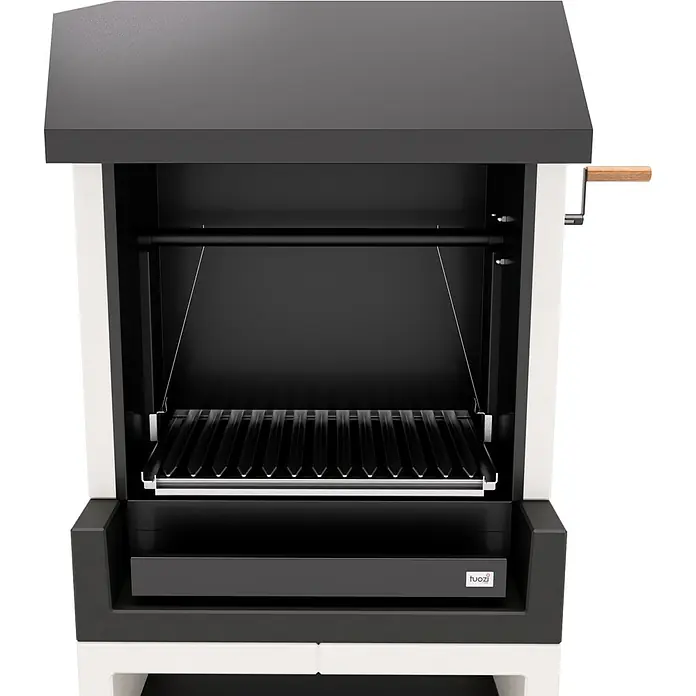 Tuozi Kitaway Holzkohlegrill - Grau/Weiß, B x T x H: 84 x 63 x 206 cm, Feinjustierung der Höhe durch Kurbel - Bild eines modernen Tuozzi-Grills in Schwarz und Weiß mit Grillrost und Handkurbel.
