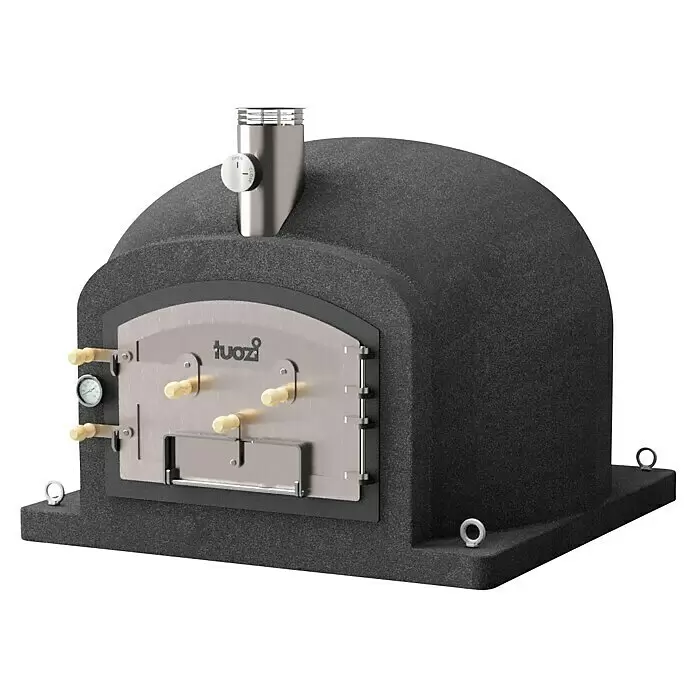 Tuozi Kitaway Outdoorküchen-Modul - Grau/Weiß, B x T x H: 100 x 100 x 65 cm - Dunkelgrauer Outdoor-Pizzaofen mit Edelstahltür, Thermometer und Schornstein.