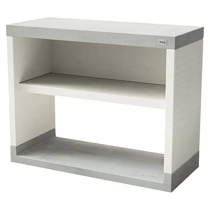 Tuozi Venit Outdoorküchen-Modul Seitenschrank - Weiß-Grau, B x T x H: 110 x 47 x 88 cm - Offenes Regal mit hellgrauer Betonoptik-Oberseite und -Basis, sowie weißen Holzmaserungsseiten und Einlegeboden.